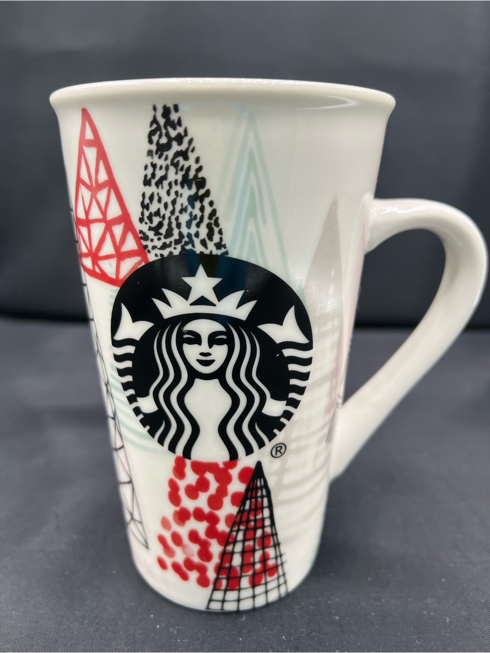 Starbucks White Ceramic Tall Mug with Black Logo and Red Accents